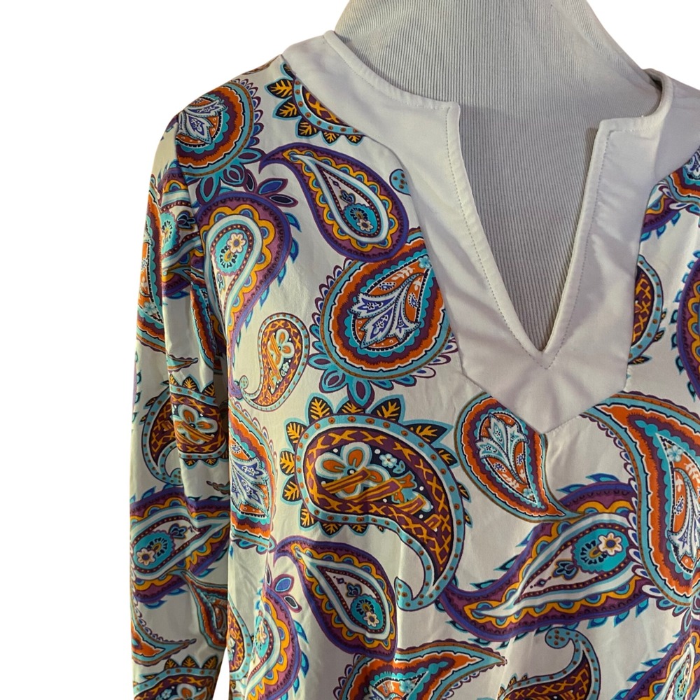 Lands End Womens M L 10 12 Paisley Swim Cover Up Tunic Long Sleeve Dress